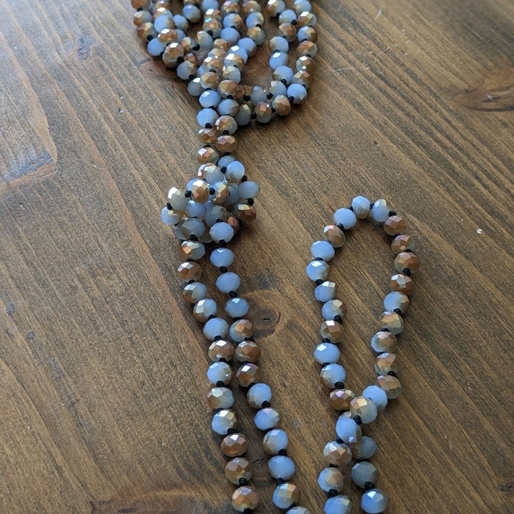 Long Blue and Gold Beaded Necklace